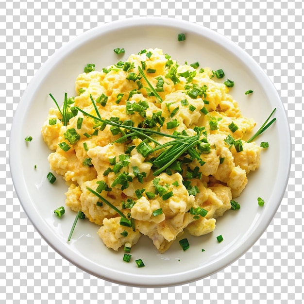 Scrambled eggs with chives on white plate isolated on transparent background