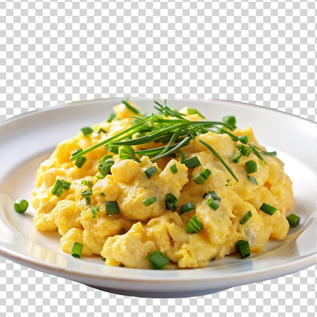 PSD scrambled eggs with chives on white plate isolated on transparent background