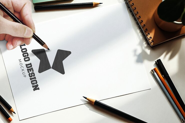 PSD scratch drawing pencil logo mockup