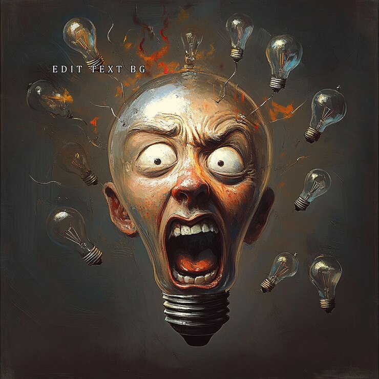 PSD a screaming face shaped like a lightbulb with smaller lightbulbs exploding around it