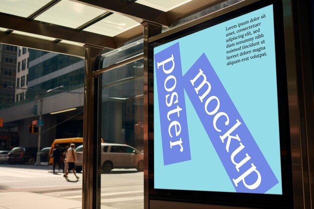 PSD screen advertising mockup with modern city in the background