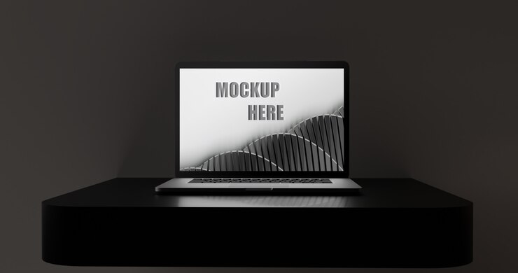 PSD screen laptop mockup on black glossy desk