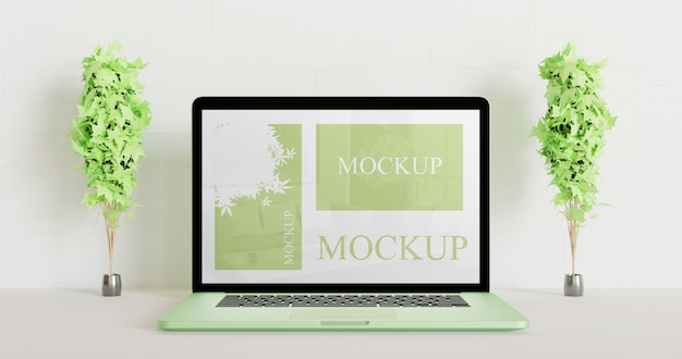 screen laptop mockup between couple decoration plants. Green laptop mockup.