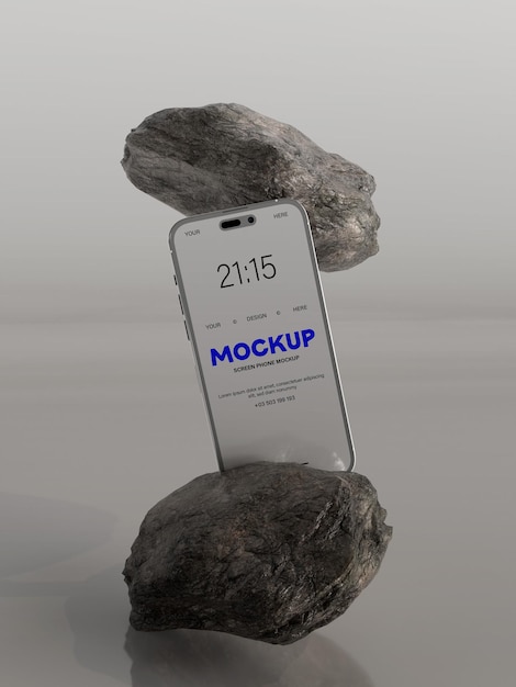 PSD screen phone mockup in minimal sceen with rock