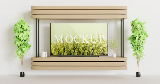 screen tv mockup on the wall mounted wooden table