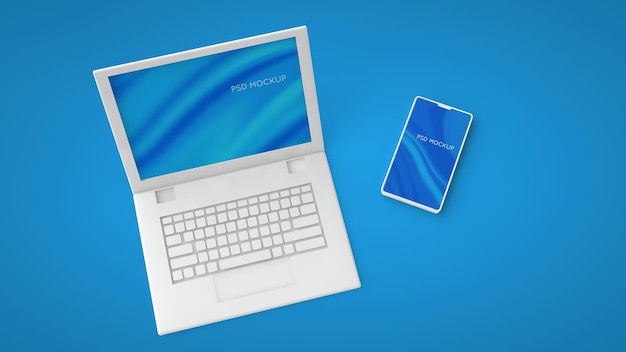 Screen white laptop and smartphone PSD mockup. 3d render Change background color