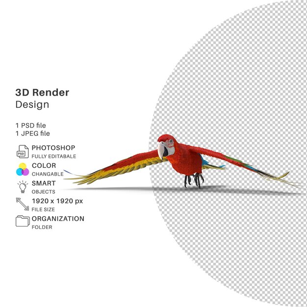 A screen with a 3d image of a macaw