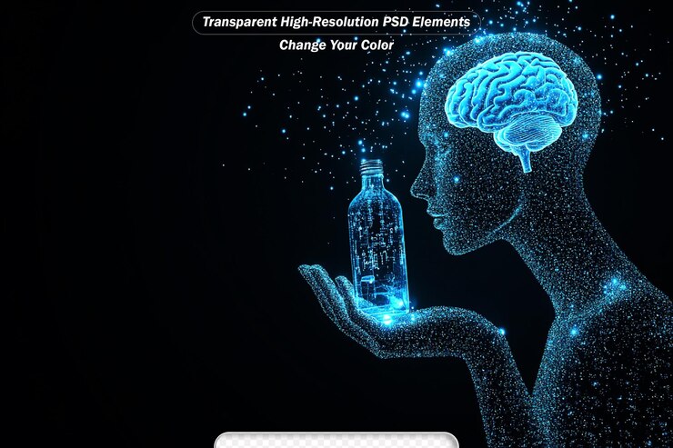 PSD a screen with a womans brain on it and a bottle of liquid in the middle