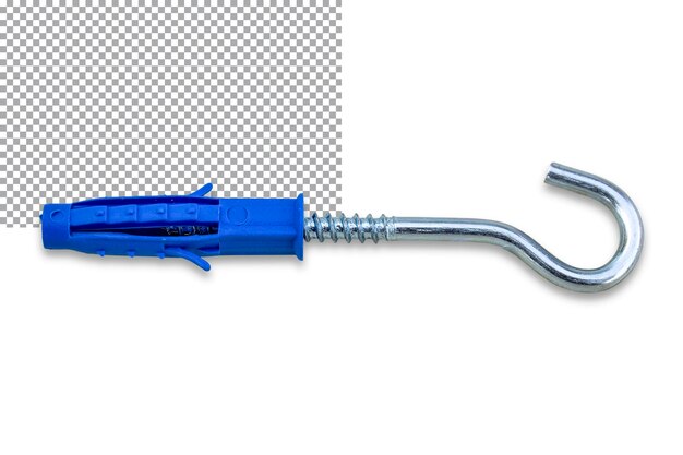 A screw with a hook is inserted into a blue dowel isolated on a transparent background