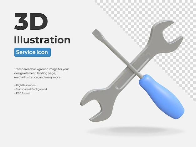 Screwdriver and wrench cross symbol icon isolated 3d rendered illustration