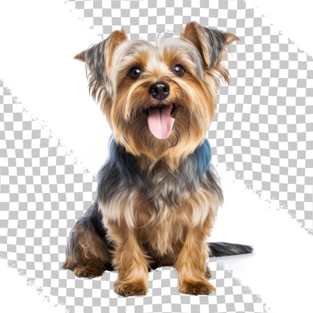 PSD scruffy adult blue gold yorkshire terrier dog sitting up facing front looking towards camera and smiling isolated on a transparent background