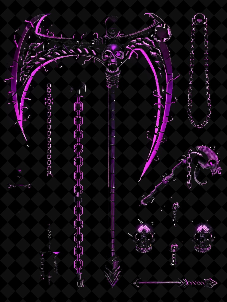 PSD пиксельное оружие scythe с дизайном grim reaper и черепами и c y2k shape neon color art collections