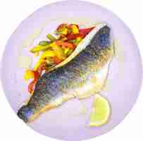 PSD sea bass served on a white plate with fish lemonnd carrat tomato and nursery sauce