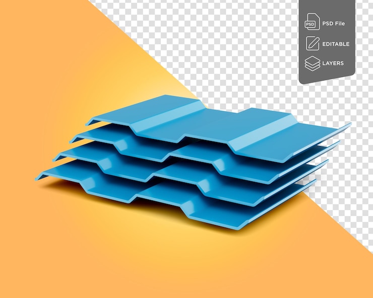 PSD sea blue metallic stacks of corrugated galvanised iron for roof sheets 3d illustration