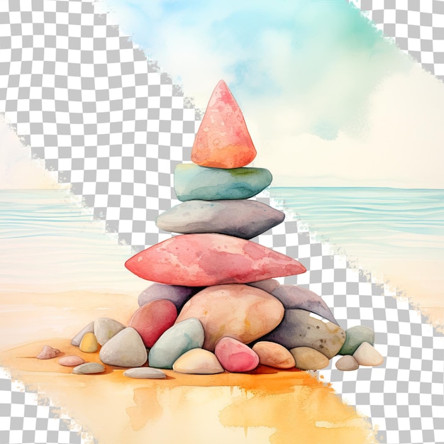 PSD Акварельный процесс морского побережья из камней, используемых для медитации, пирамида на прозрачном фоне