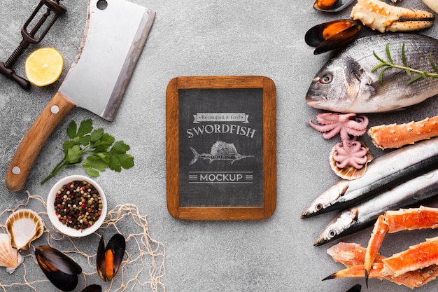 PSD sea food assortment with blackboard mock-up