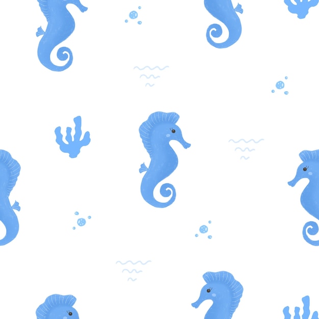 Sea horse blue seamless pattern Hand drawn cute smiling character for kids and children designs