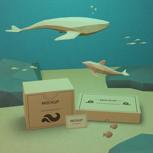 PSD sea life and cardboard boxes underwater with mock-up