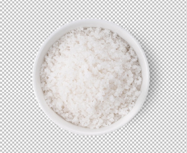 PSD sea salt in white bowl isolated on alpha layer