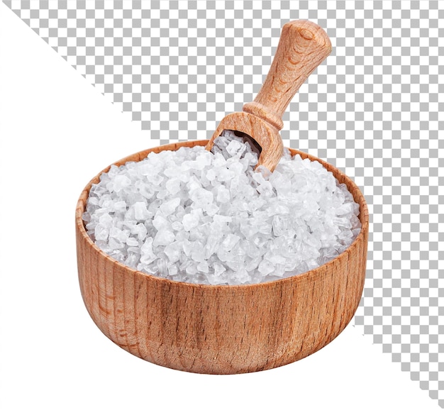 Sea salt in wooden bowl with scoop