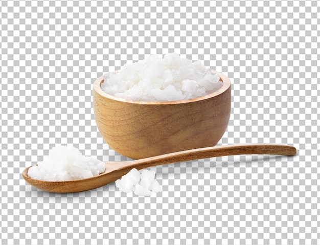 Sea salt on wooden spoon and wooden bowl isolated on white background