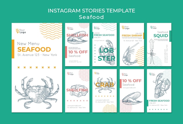 Modello di storie di instagram di concetto di frutti di mare