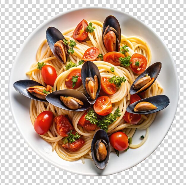 PSD spaghetti di pasta di frutti di mare con cozze isolati su sfondo bianco