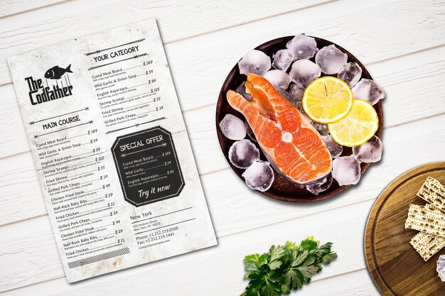 PSD seafood restaurant menu mockup