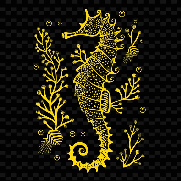 PSD seahorse line art met koraal en bubbels voor decoraties voeg creatieve outline scribble collecties toe