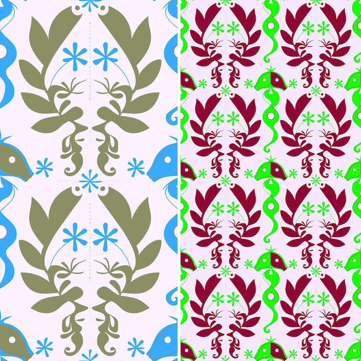 PSD seahorse with seaweed silhouette arranged in a symmetrical p nature pattern vector designs