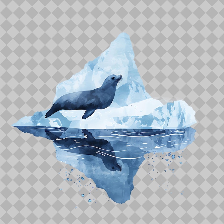 PSD seal inside a kidney bean silhouette iceberg placed in a bre png watercolor animal designs