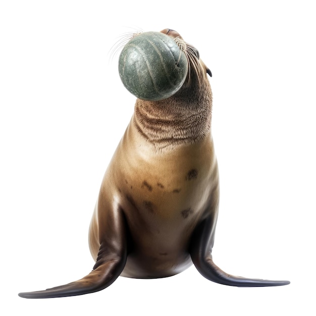 A seal with a ball in its mouth Isolated on white Transparent PNG Generative AI