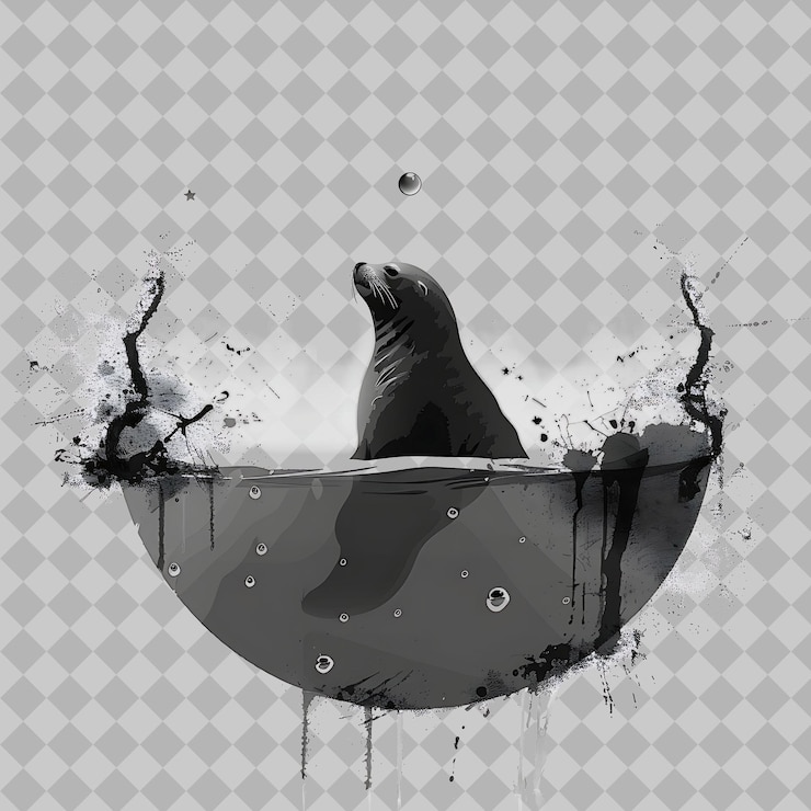 PSD seal within a water droplet silhouette coastal located in a png watercolor animal designs