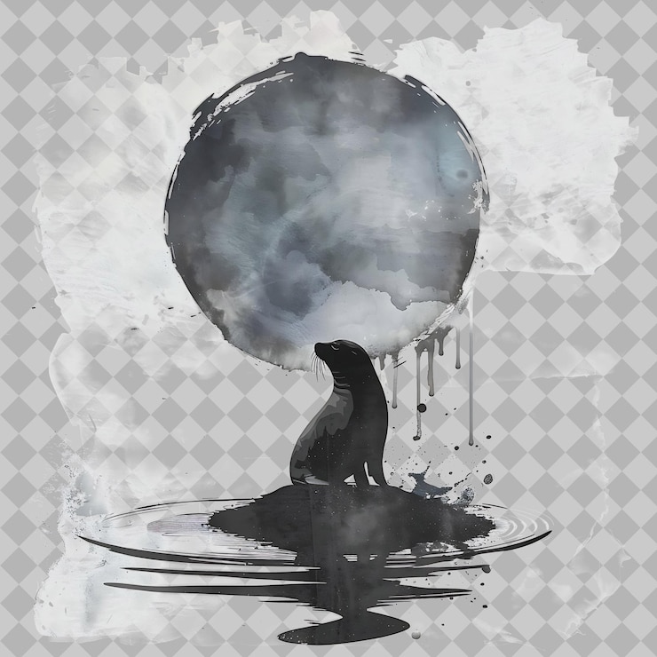 PSD seal within a water droplet silhouette coastal located in a png watercolor animal designs