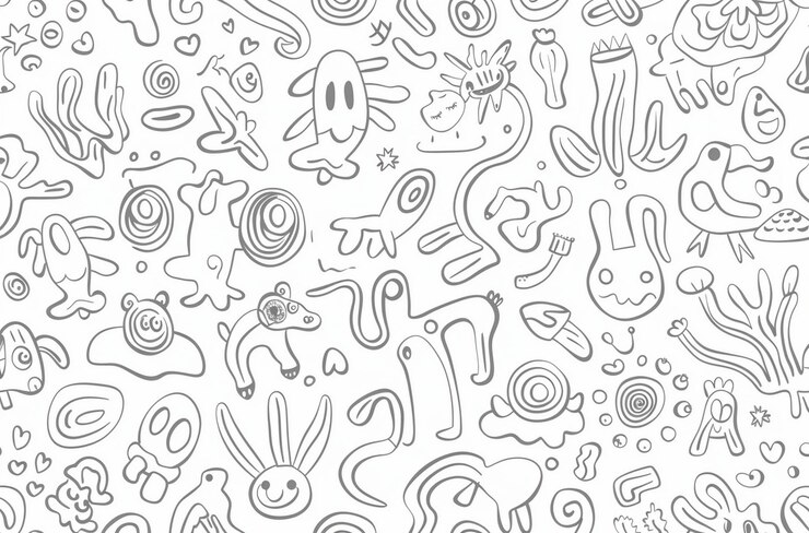 PSD seamless black and white line art pattern curved lines random shapes minimalistic simple