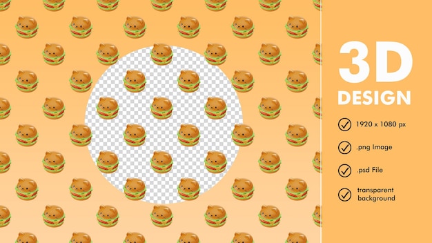 PSD seamless pattern 3d render of cute cat burger with isometric view transparent background