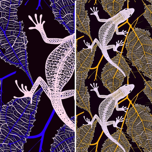 PSD seamless pattern anole lizard with leaf skeletal veins and simplify design wi collage outline art