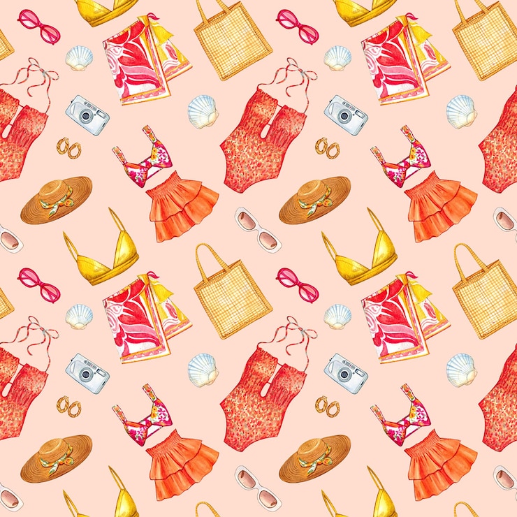 PSD seamless pattern of beachwear and seaside accessories in orange and yellow tones