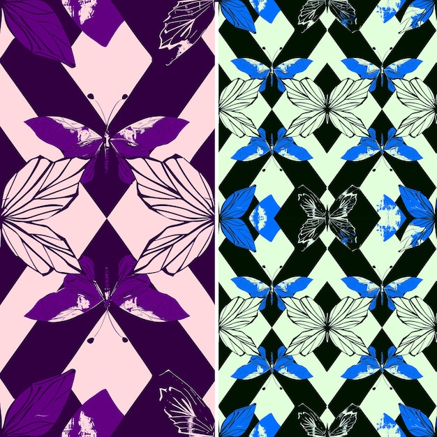PSD seamless pattern bromeliad with butterfly wings and abstract shapes with diam collage outline art