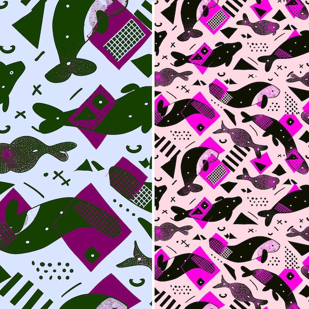 PSD modello senza cuciture cherimoya con silhouette di manatino e design geometrico con collage outline art