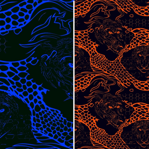 PSD seamless pattern jaguar head silhouette with snake scale borders and minimali collage outline art