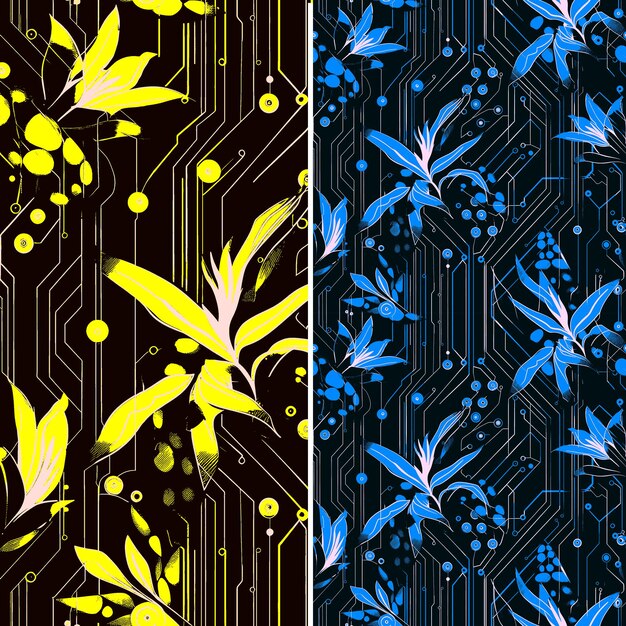 PSD seamless pattern ocelot paw print with bird of paradise petals and simplify d collage outline art