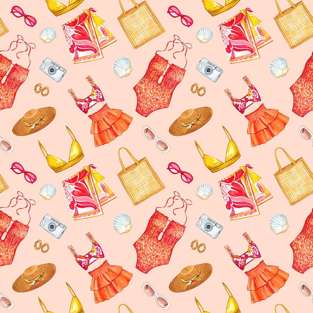 Seamless pattern of beachwear and seaside accessories in orange and yellow tones