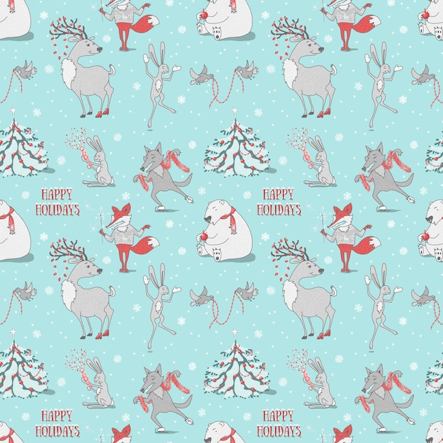 seamless pattern of cartoon wolf fox deer bear hares doves and christmas tree with red decorations