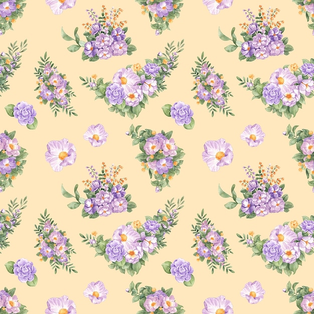 Seamless pattern of purple flower bouquet a handpainted watercolor illustration