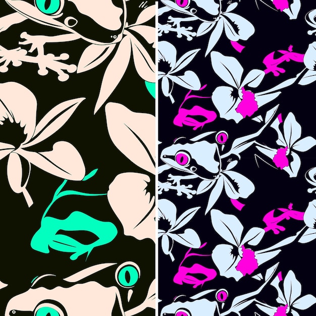 PSD seamless pattern red eyed tree frog camouflage with vanilla orchid petals and collage outline art