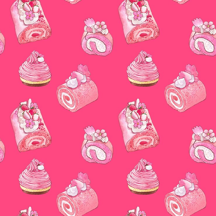 PSD seamless pattern sakura roll cake sakura desserts watercolor painting handdrawn illustration