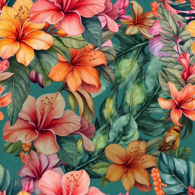 Seamless pattern tropical summer with watercolor flowers