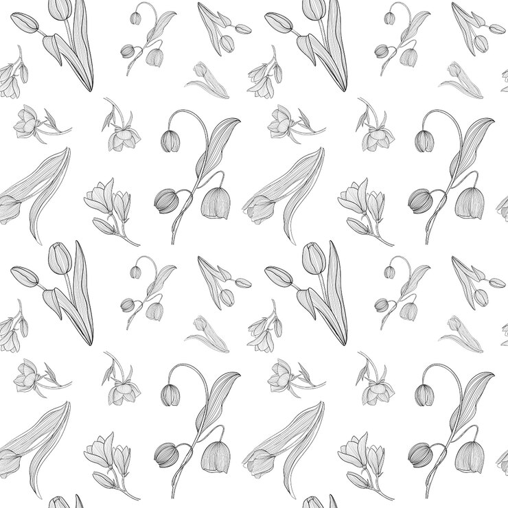 PSD seamless pattern of tulip flowers in line art style digital painting