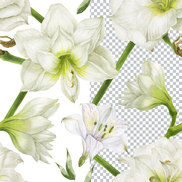 PSD seamless pattern of white liliy and alstroemeria. romantic composition for weddings and valentines day. floral watercolor illustration for textiles, greetings and invitations